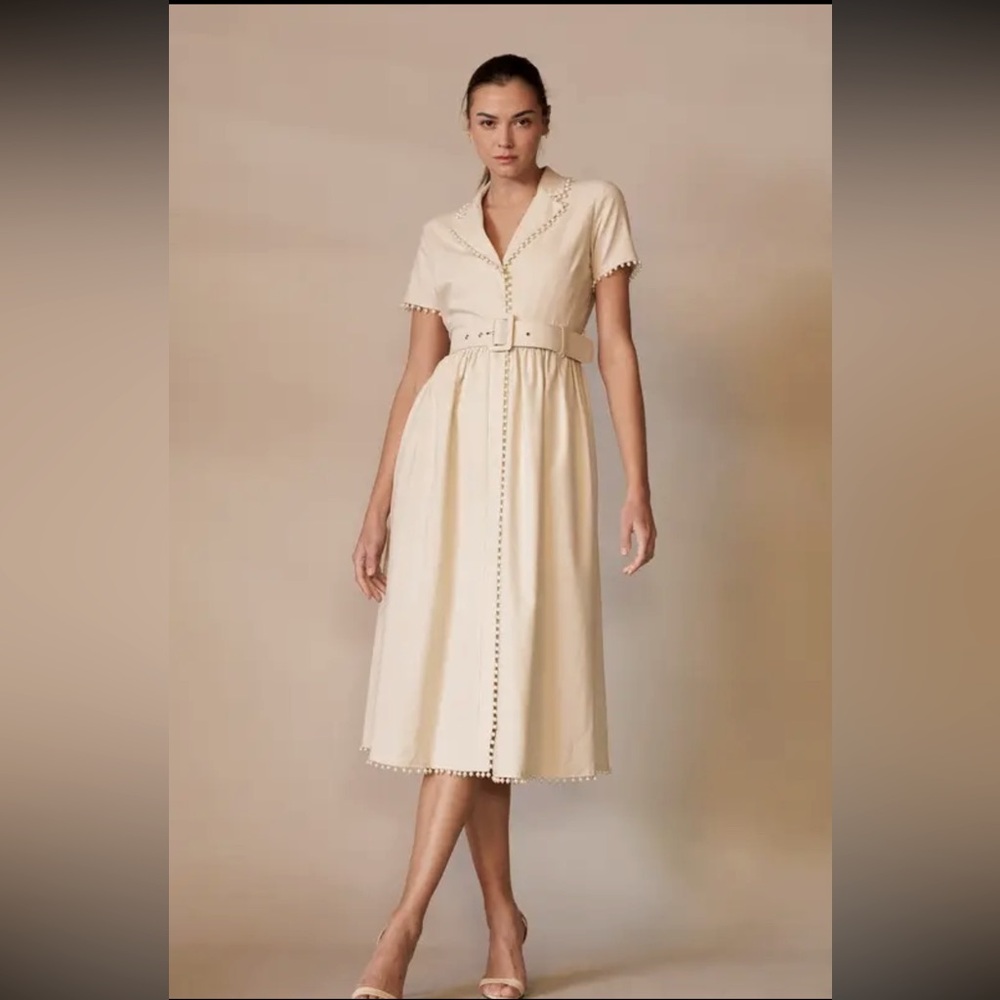 NWT EB Luxe Tan Collared Midi Shirt Dress w/ Pearl Details & Belt